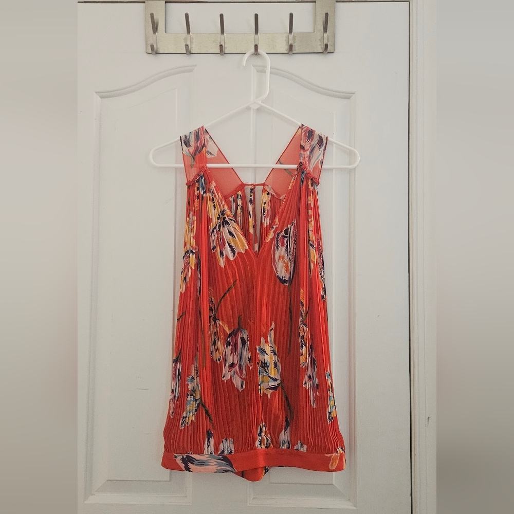 Free People Vibrant Red Floral Pleated Blouse